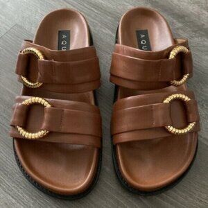 Aqua Bloomingdales Leather Slides Brown Gold Black Slip On Boho Arizona $128 6.5